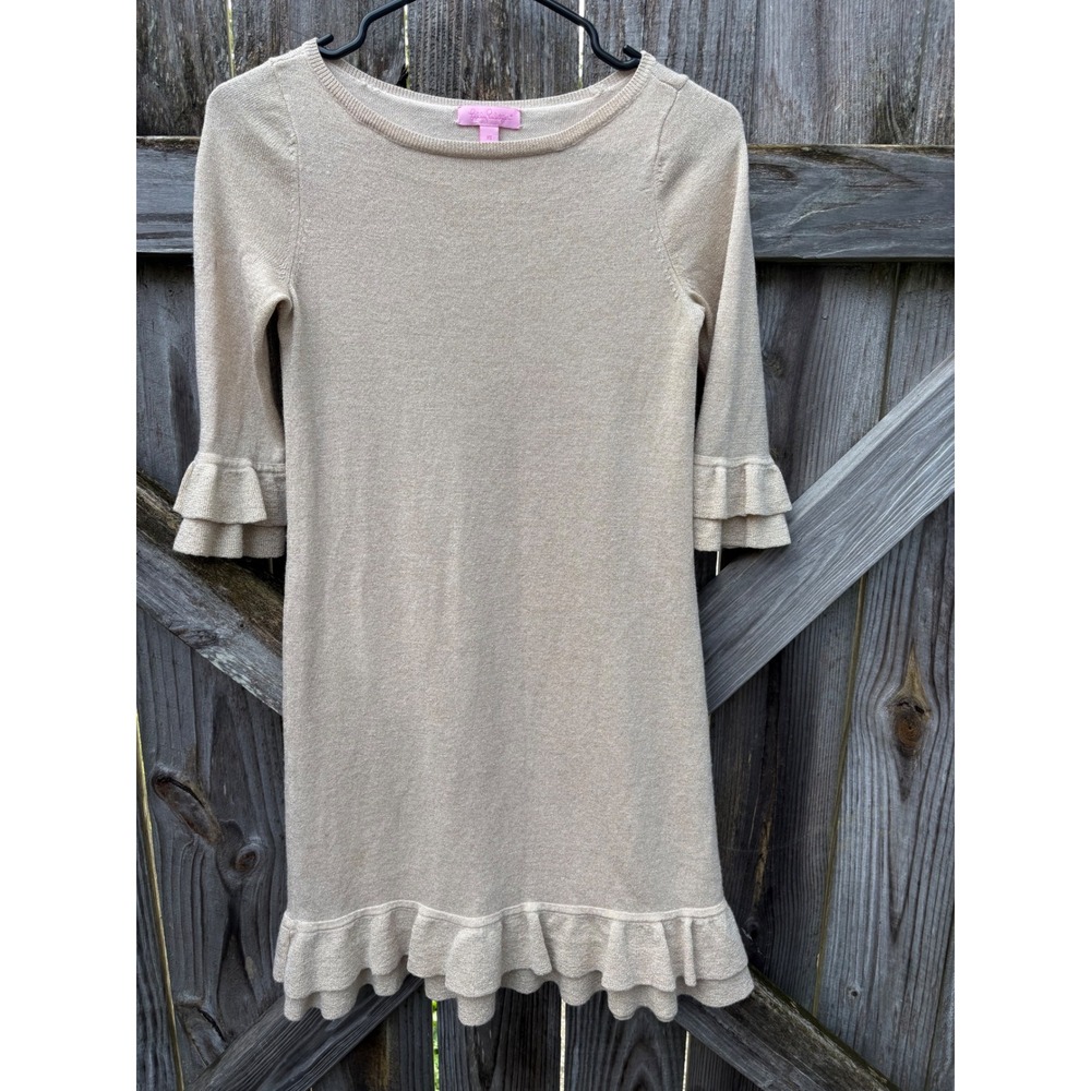 Lilly Pulitzer Gold Metallic Merino Wool Ruffle Sleeve Sweater Dress XS 41686